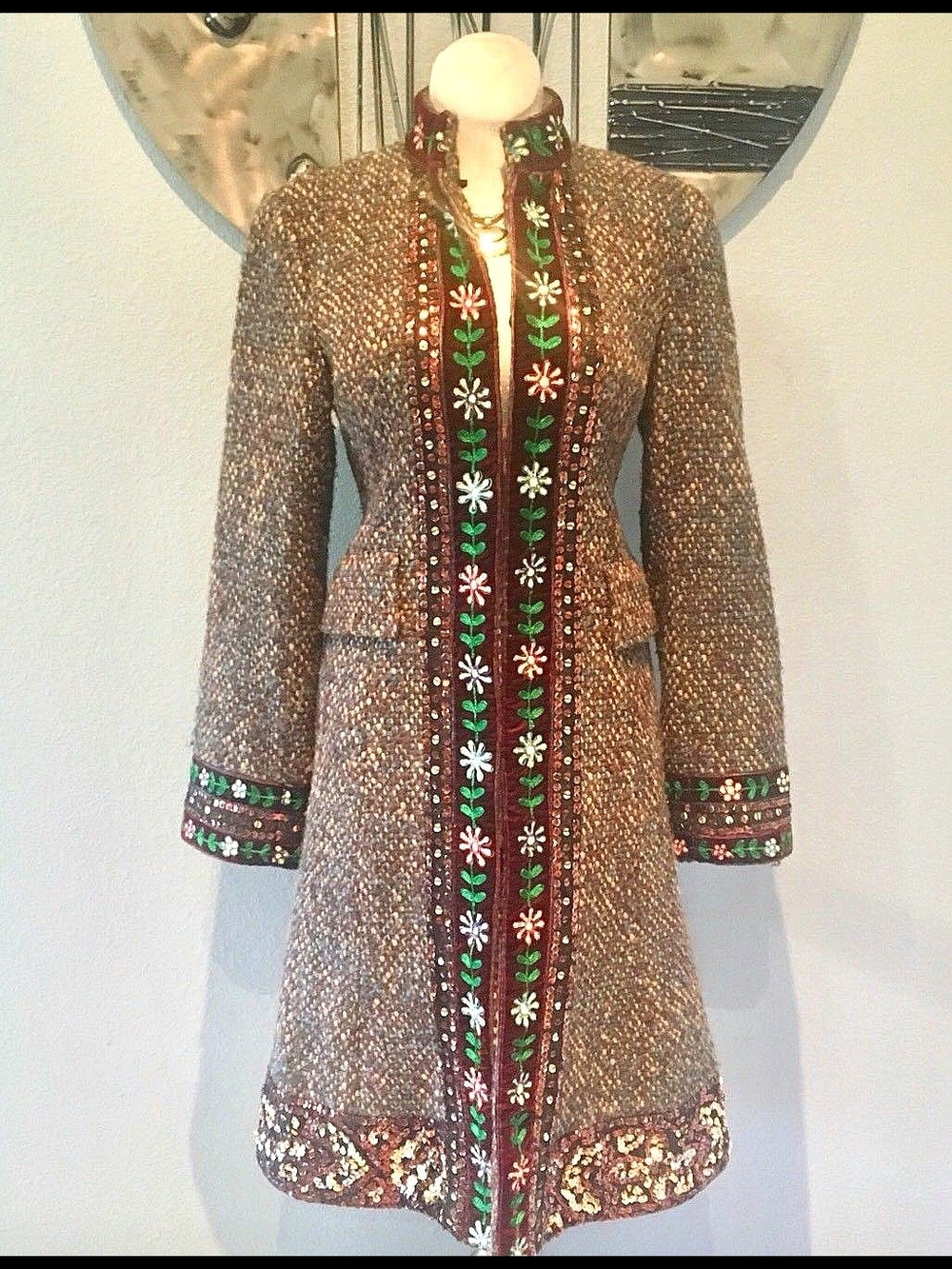 Nanette Lepore Embellished Tweed Coat Embroidered Floral Trim Tweed Jacket SizeM